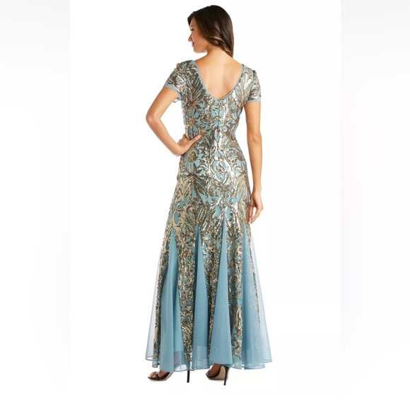 R & M Richard Long beaded Sequin Evening Slate blue/Gold Maxi Dress, sz 12 - Picture 3 of 10